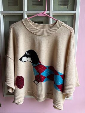 Anthropologie Beige Sweater with Dog & Argyle Motif